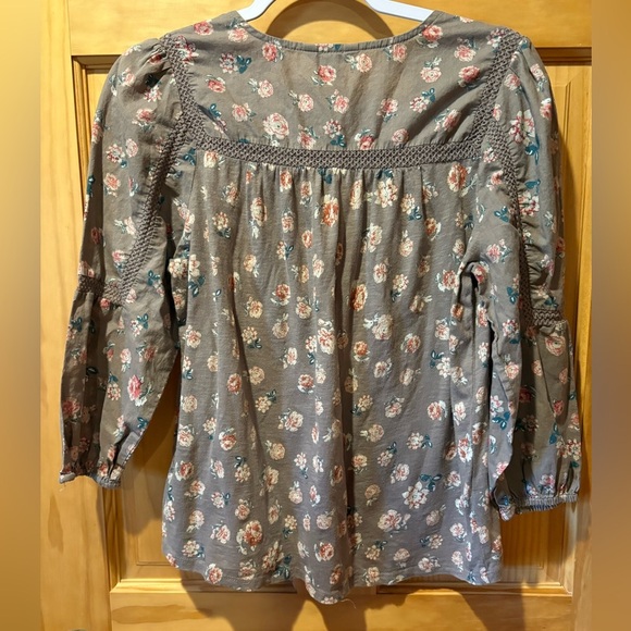 Lucky Brand Printed Peasant Brown Pink Floral Top Blouse with Lace Trim SP - Picture 2 of 8